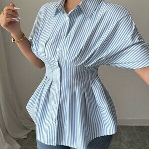 Blue And White Casual Women's Striped Batwing Sleeve Tie-Waist Blouse
